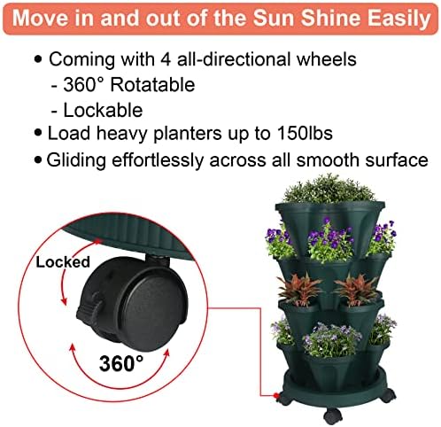 GameXcel Vertical Planter Tower - 4 Tier Stackable Garden Planters with Wheels and Tools Plant Pots for Strawberry Herb Flower and Vegetable Indoor Outdoor Use Green 2 Pack - Image 6