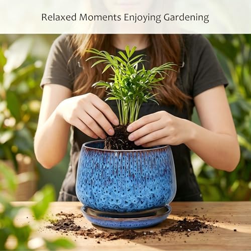 7.5 Inch Ceramic Planter with Saucer,Modern Garden Pots with Drainage Hole Mesh Net, for Indoor Outdoor Use (Speckle Blue) - Image 5