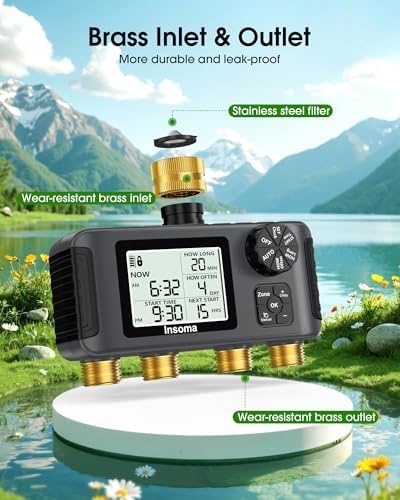 Insoma 4 Zones Sprinkler Timer with Brass Inlet & Outlet, Water Timer for Garden Hose with Auto/Manual/Rain Delay Mode, Hose Timers for Irrigation Watering System for Yard, Lawn, Plant Watering - Image 2
