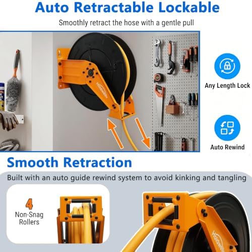 Retractable Air Hose Reel, 3/8" x 50FT EPDM Rubber Air Hose, 300PSI Max, Auto-Rewind & Length-Lock, 1/4" NPT Fitting, Ceiling/Wall Mount Heavy Duty Dual Arm Steel Reel for Workshop/Garage - Image 3