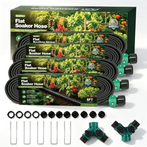 Flat Soaker Hose 6FT x 4 Pack, Short Soaker Hose Kit with 2 Splitters and 5 Staples, 1/2 in Drip Hose for Garden, Linkable Soaker Hoses for Raised Beds, Vegetables (6ft 4-pack) by Sunifier