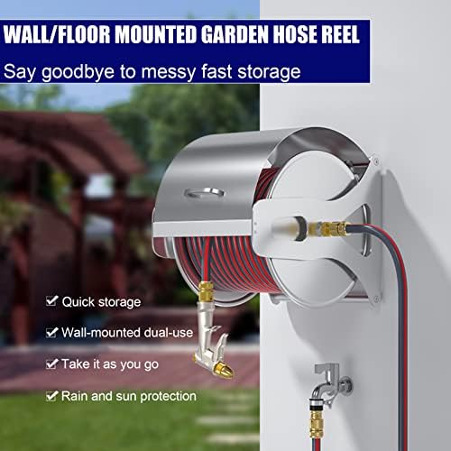 Garden Hose Reel 1/2 Inch Heavy Duty Hose, Outdoor Portable Stainless Steel Hose Storage Stand with Crank, Wall/Floor Mounted Water Pipe Car Roll Hose Holder, Patio Hoses Butler Rack Swivel Bracket - Image 3