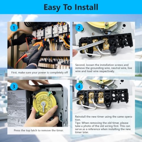 T101 Mechanical Timer Switch,120V AC SPST 40A,60Hz, Pool Pump Switch,Heavy Duty Pool Timers Outdoor,Timer for Lights HVAC Systems,24 Hour 12 ON/Off for Pump, 3 Years Warranty - Image 4