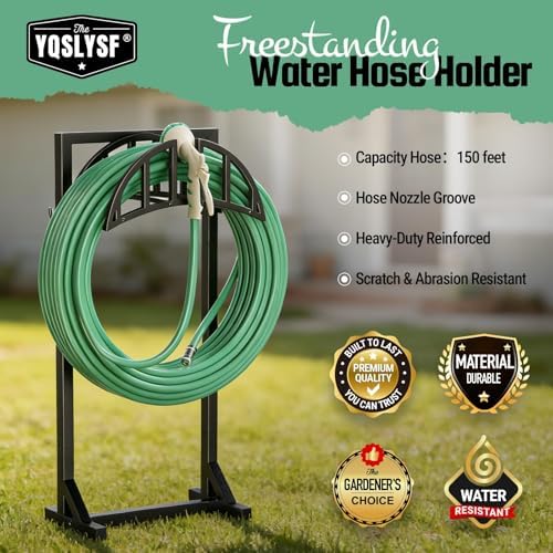 YQSLYSF 2 Pack Garden Hose Holder, Water Hose Stand with 4 Stake and 2 Tool Hooks, Heavy-Duty Metal Hose Storage Holds 150Ft, Freestanding Hose Hanger Rack for Outside, Yard, Lawn, Farm - Image 3