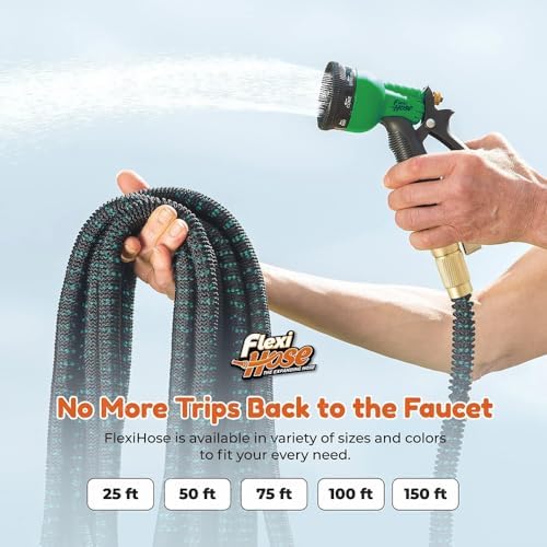 Flexi Hose with 8 Function Nozzle, 150FT - Lightweight Expandable Garden Hose, No-Kink Flexibility, 3/4 Inch Solid Brass Fittings and Double Latex Core - Black and Green - Image 2