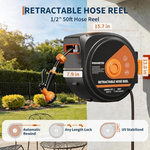 Retractable Garden Hose Reel, 1/2 x 50 ft, 10-Function Spray Nozzle - Wide Coverage with Any-Length Lock, Smooth Slow Rewind, Freeze-Resistant Build, 9 Spray Patterns, and 180° Swivel Mount - Image 2