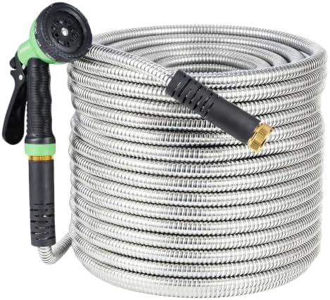 Heavy Duty Stainless Steel Garden Hose - Flexible, Kink-Free, Rust-Proof, Lightweight with Durable Brass Fittings - 10-Function Spray Nozzle - Ideal for Yard, Car Wash, RV, Outdoor - 25FT, by Unknown