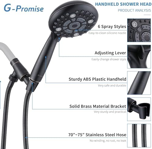 G-Promise High Pressure 6 Mode Hand Held Shower Head with Extra Long Hose - Image 2