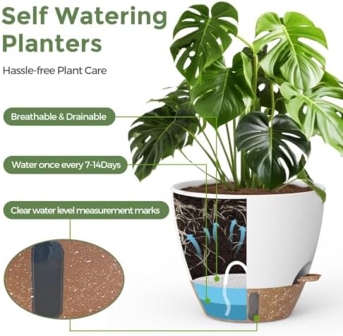 Plant Pots, 12" 10" 6" 8" Inch Self Watering Pots with Water Level Indicator, Set of 5 Flower Pots Indoor with Drainage Holes, Modern Planters for Indoor Outdoor Plants, Room & Office Décor - Image 3