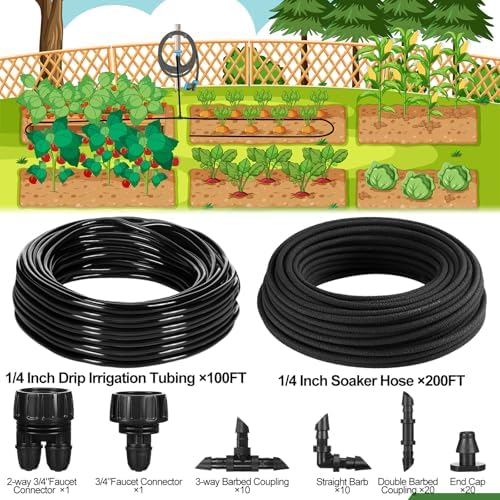 Drip Irrigation System Kit Garden Watering System 200ft 1/4 Inch Soaker Hose 100ft 1/4 Inch Drip Irrigation Tubing with Distribution Tubing and Accessories for Garden Greenhouse Patio Lawn - Image 2