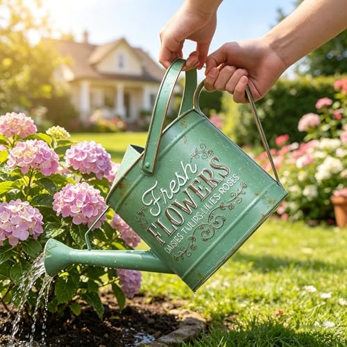 Vintage Metal Watering Can with Fresh Flowers Emboss Garden Decorative Watering Pot Farmhouse Water Can for Home Indoor Outdoor Garden Balcony Courtyard (Green) - Image 4