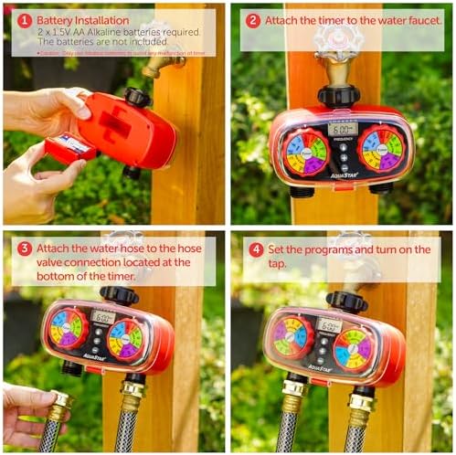 AQUASTAR Two-Zone Hose Watering Timer (Red) Garden Hose Sprinkler Timer, Automatic Irrigation for Lawn, Garden, Yard, Two Outlets - Image 5