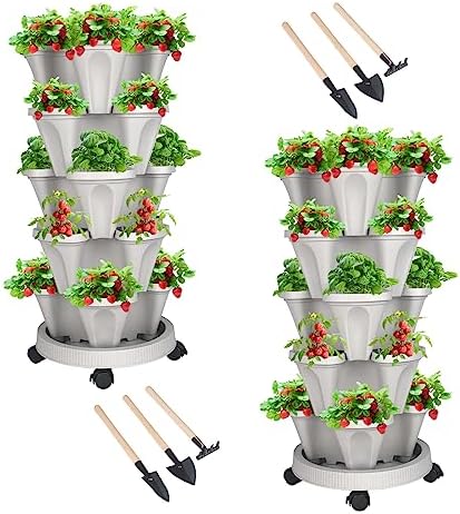 DUNCHATY Stackable Planter, Vertical Garden Planter with Wheels and Garden Tools, Strawberry Planter Indoor/Outdoor 5 Tier Herb Planter Pots for Growing Vegetables and Succulents,Gray by DUNCHATY