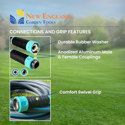 Hybrid Garden Water Hose 75 ft x 5/8”, Durable Heavy Duty Material, Kink-Free with Swivel Grips and Anodized Couplings, 700006 by New England Garden Tools - Image 3