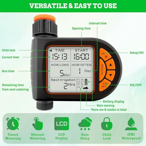 Automatic Drip Irrigation System Kit - 226FT with LCD Timer, 3 Sprayer Types Automatic Garden Watering System, 1/2 Inch Hose 1/4 Inch Distribution Tubing Garden Watering Solution for Outdoor Plants - Image 2