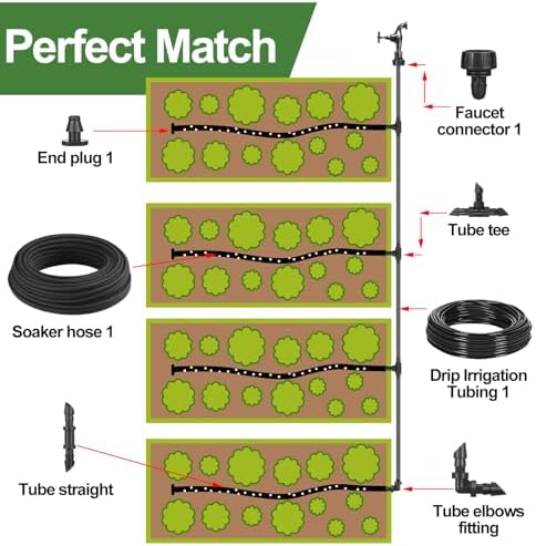 Drip Irrigation System Kit Garden Watering System 200ft 1/4 Inch Soaker Hose 100ft 1/4 Inch Drip Irrigation Tubing with Distribution Tubing and Accessories for Garden Greenhouse Patio Lawn - Image 3