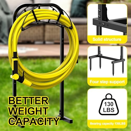 Suchek Garden Hose Holder, Upgraded 4 Spikes Water Hose Holder, Heavy Duty Hose Stand Holds 150ft Hose, Freestanding Hose Hanger, Hose Storage Organizer for Outside Yard Lawn (Black) - Image 3
