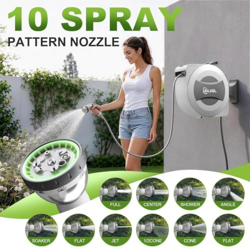 Silvel Automatic Retractable Garden Hose Reel, 1/2" x 110ft Wall Mount, 12V 2.5Ah Battery Powered & Button-type Length Control,Heavy Duty Hose Reel with 10 Pattern Nozzle, Upgraded UV Resistant - Image 5