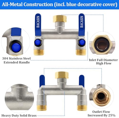 Brass Garden Hose Splitter 2-Way Heavy Duty - 3/4" GHT Threads with 2×304 Stainless Steel Handles, High Flow Design for Efficient Water Distribution - Image 4