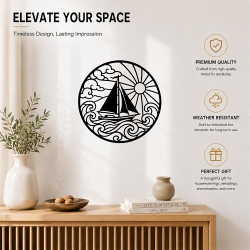 Sailboat with Sun Waves Metal Wall Art for Dining Room Decor with Detail - Image 3