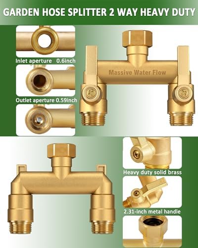 Hose Splitter 2 Way Heavy Duty, Solid Brass Full Flow Outdoor Faucet and Garden Hose Splitters, Water Spigot Splitter T Adapter, All Metal Water Connector with Shut-Off Valve, 3/4 - Inch GHT Thread - Image 4