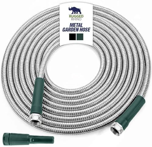 RUGGED RHINO Metal Garden Hose with Spray Nozzle, 50FT, 304 Stainless Steel, 750 PSI Burst Strength, Heavy Duty Flexible Water Hose, Kink Resistant, Leakproof for Yard, Lawn and Outdoor Use, Green by RUGGEDRHINO
