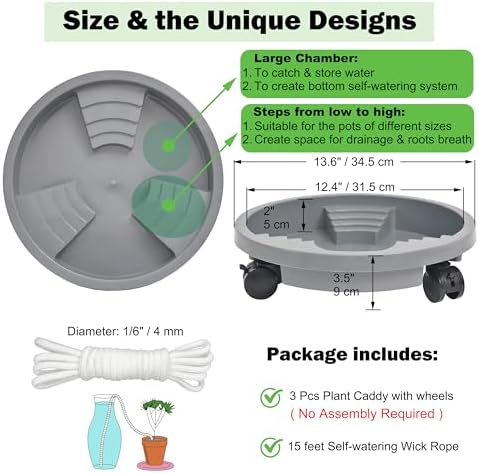 ORIMERC 3 Pack Plant Caddy with Wheels Heavy Duty 14 inch Plant Saucer Self-Watering Design, Movable Wheeled Round Planter Stand Coaster Trolley, Flower Pot Dolly on Rolling Caster Indoor Outdoor - Image 2