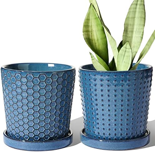 LE TAUCI Ceramic Pots for Plants, 5.5 Inch Plant Pots with Drainage and Saucer, Indoor Plant Pots for Succulents, Snake Plants, Cactus, and More, Set of 2, Reactive Glaze Blue by LETAUCI