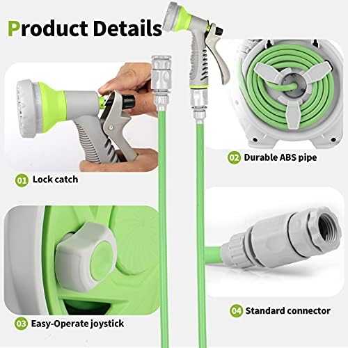 Garden Retractable Hose Reel, Portable Simple Home Hose Reel 45+5 FT with 7 Patterns Spray Nozzle, Wall Mounted and Any Length Lock for Garden Watering, Car Washing, Pet (Green) - Image 6
