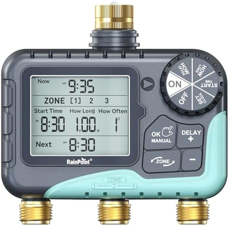 RAINPOINT 3 Zone Water Timer with Brass Inlet & Outlet, 3 Custom Watering Plans Sprinkler Timer, Featuring IP65 Waterproof,Rain Delay, Manual & Automatic Watering with Large LCD for Yard, 2026 Ver. by RainPoint