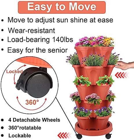 DUNCHATY 5 Tier Plant Pot, Vertical Garden Planter, Strawberry Planter, Indoor/Outdoor Planters, 2 Set, Brick Red, 29 x 13.6 x 13.6 inches - Image 3