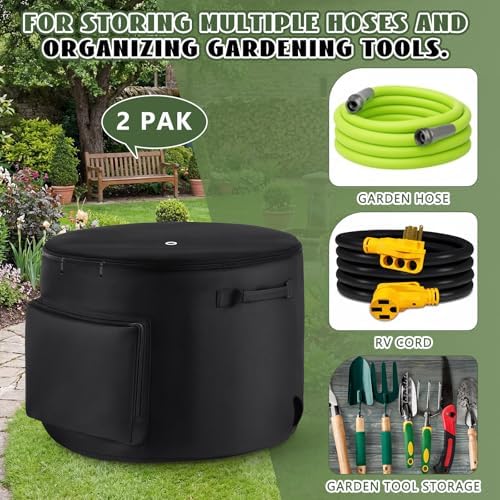 Shinylin 2 Pack Garden Water Hose Holder Storage Bags for 150 ft Hose, Heavy Duty Oxford Storage Bag with Entry Hole, Water Hoses Pot for Outside Inside, Garage, Rv, Warehouse, Garden Tools - Image 2
