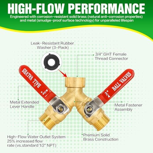 Brass Garden Hose Splitter 2 Way Heavy Duty with Metal Extended Handle - Image 2