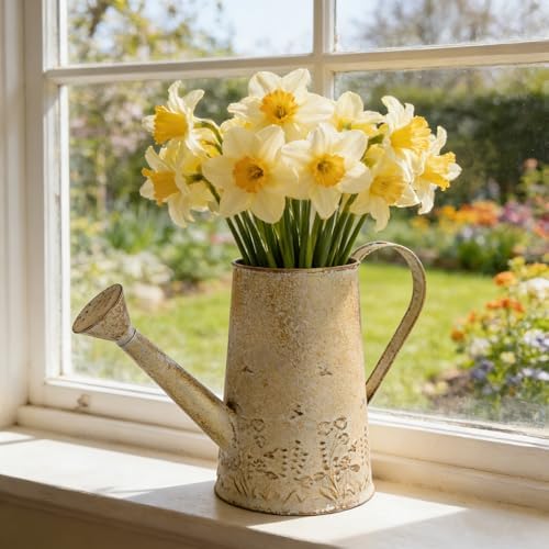 Vintage Distressed Gold Flower & Garden Watering Can, Decorative Metal Watering Pot Planter for Home Patio Backyard Outdoor Plant Care, Rustic Farmhouse Home Decor Accent - Image 5