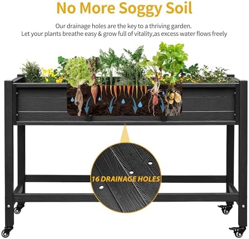 DWVO 47x18x31in Raised Garden Bed HDPE, Weather-Resistant Poly Wood Planter Box Stand, Planter Box with Legs & Lockable Wheels, Elevated Garden Bed for Backyard Patio Balcony - Black - Image 3