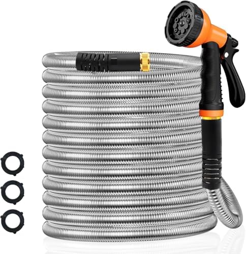 25FT Stainless Steel Water Hose with 8 Spray Pattern Nozzle, Heavy Duty Metal Garden Hose, Non-Kinking and Leak Resistant, Rust Resistant Design for Lawn, RV, Pet Bath and Outdoor Cleaning by Unknown