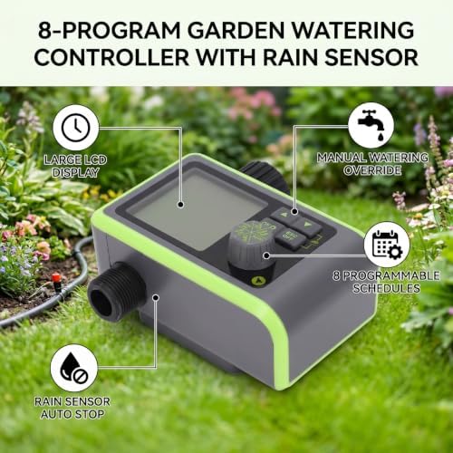 Garden Irrigation Watering Timer with LCD Display, 8 Independent Programs, Rain Sensor Auto Shutoff, Manual Override, for Outdoor Lawn & Garden - Image 5