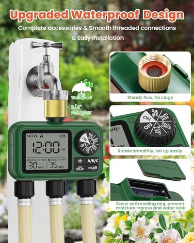 Water Timer for Outdoor Garden Hose, Sprinkler Timer for Garden Faucet with Auto/Manual/Rain Delay Mode, Sprinkler Irrigation Controller for Yard Lawn (3 Zones Brass Inlet & Outlet) - Image 6