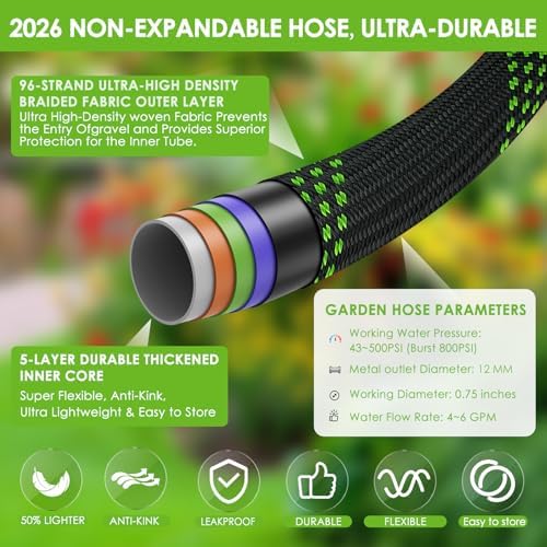 100 ft Non-Expanding Garden Hose, 360° Anti-Kink Swivel Fittings - Image 5