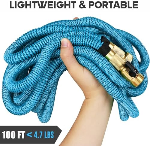 Expandable Garden Hose 100 ft with 10 Function Nozzle Sprayer, Lightweight Flexible Water Hose with Durable Collapsible Latex Core & Solid Brass Fittings, 100ft Retractable Stretch Hose, Blue - Image 6