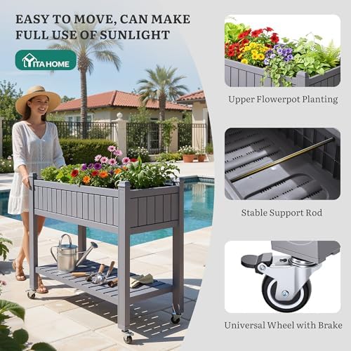 YITAHOME 3.6x1.5x2.8 FT Elevated Garden Bed Kit with Legs and Wheels, Outdoor Large Resin Planter Box Stand with Drain Plug and Storage Shelf for Plants Vegetables Fruits, Light Brown - Image 4