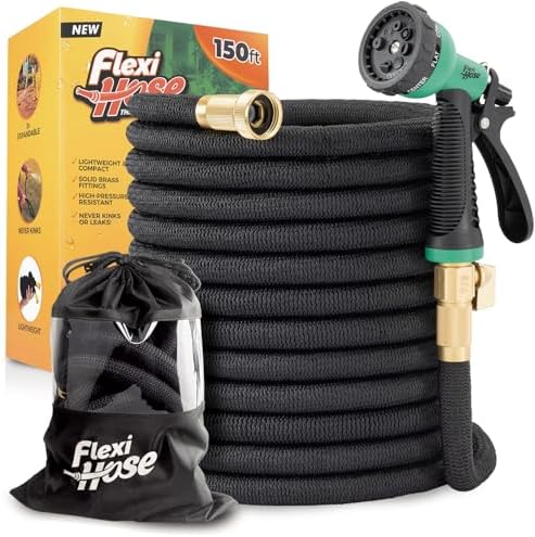 Flexi Hose Plus Expandable Garden Hose with 8 Function Nozzle, 150FT - Lightweight Retractable Garden Hose, Water Hose - No-Kink Flexibility, 3/4 Inch Solid Brass Fittings Includes Hook & Bag by FlexiHose