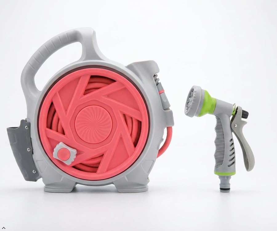 mini portable garden pipe cart, adjustable spray gun with 6 different gears, suitable for various faucets, portable water pipe truck can be used for car washing, watering plants (Pink) by pruningshears