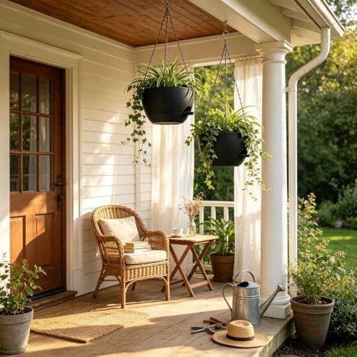 12" Self Watering Hanging Planters with Chains, Black, 2 Pack - Image 4