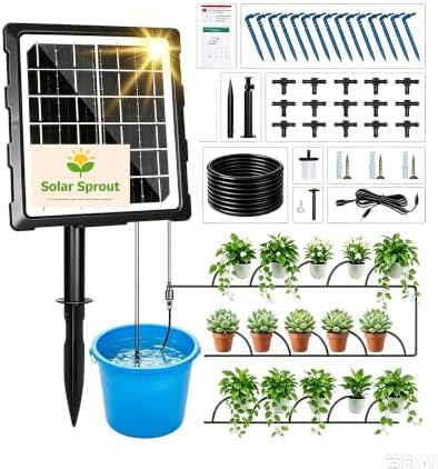 Drip Irrigation System, Automatic Watering Kit for 15 Pots, 49ft Watering System with 6 Timers & 2200mah Battery, Intelligent Plant Hydration Device, Solar Powered for Garden Patio Lawn by Unknown