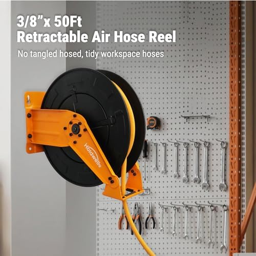 Retractable Air Hose Reel, 3/8" x 50FT EPDM Rubber Air Hose, 300PSI Max, Auto-Rewind & Length-Lock, 1/4" NPT Fitting, Ceiling/Wall Mount Heavy Duty Dual Arm Steel Reel for Workshop/Garage - Image 6
