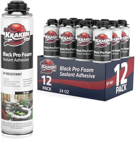 Kraken Bond Black Spray Waterfall Foam Sealant - (12x24oz) Expanding Polyurethane Pond Foam Sealer Black, UV Resistant Insulating Spray for Landscape & Exterior, Gun Not Included, 12 Pack by KRAKENBOND
