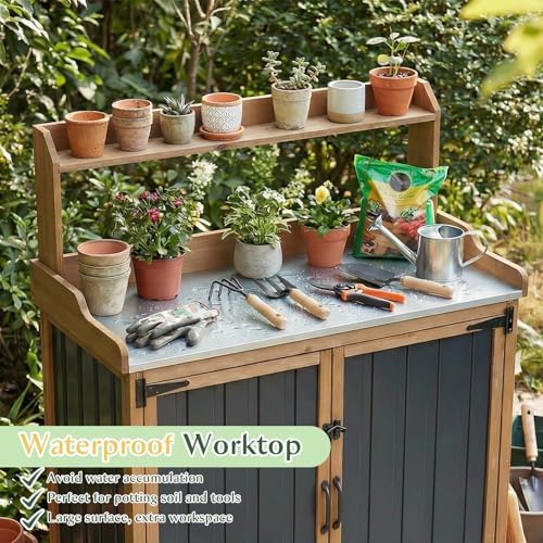 Outdoor Storage Cabinet with 4 Wheels and Handle, Metal & Wood Potting Bench Storage Cabinets with Waterproof Top, Removable Shelf, Potting Table & Workstation for Garden, Patio, Balcony, Garage - Image 2