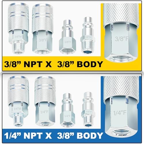 3/8 Inch Body Air Hose Quick Connect Fittings, 3/8" NPT Threads and 1/4" NPT Threads Couplers and Plugs, I/M Industrial Type 24PCS Air Compressor Accessories Kit - Image 4