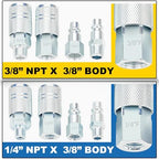 3/8 Inch Body Air Hose Quick Connect Fittings, 3/8" NPT Threads and 1/4" NPT Threads Couplers and Plugs, I/M Industrial Type 24PCS Air Compressor Accessories Kit - Image 4